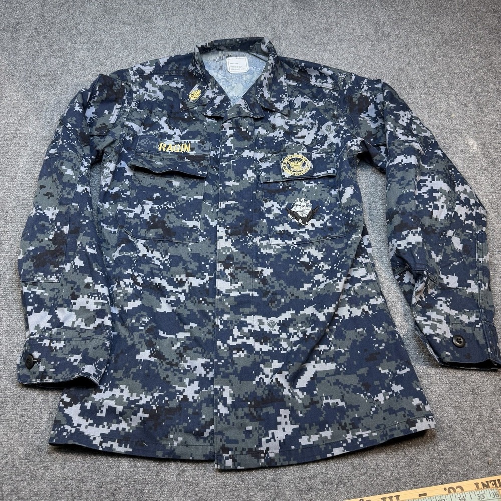 US Navy Shirt Men Small Long Blue Digital Camo Working Blouse NWU Military Seal